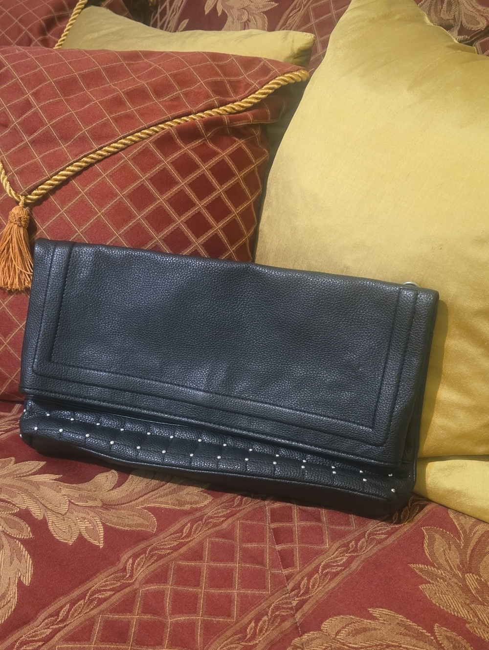 Black Leather Fold-Over Clutch Bag - Classic Women's Evening Bag
